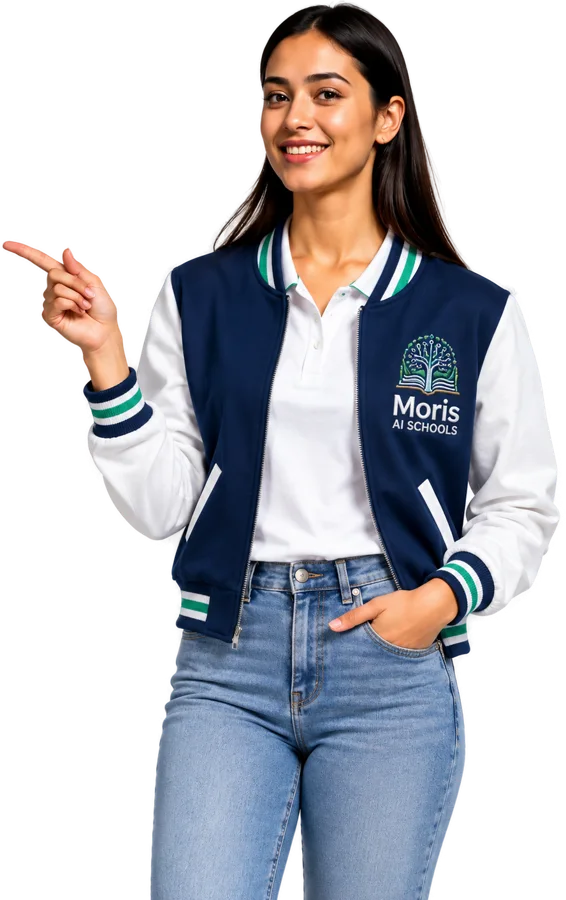 Moris AI Schools brand ambassador pointing to the next step