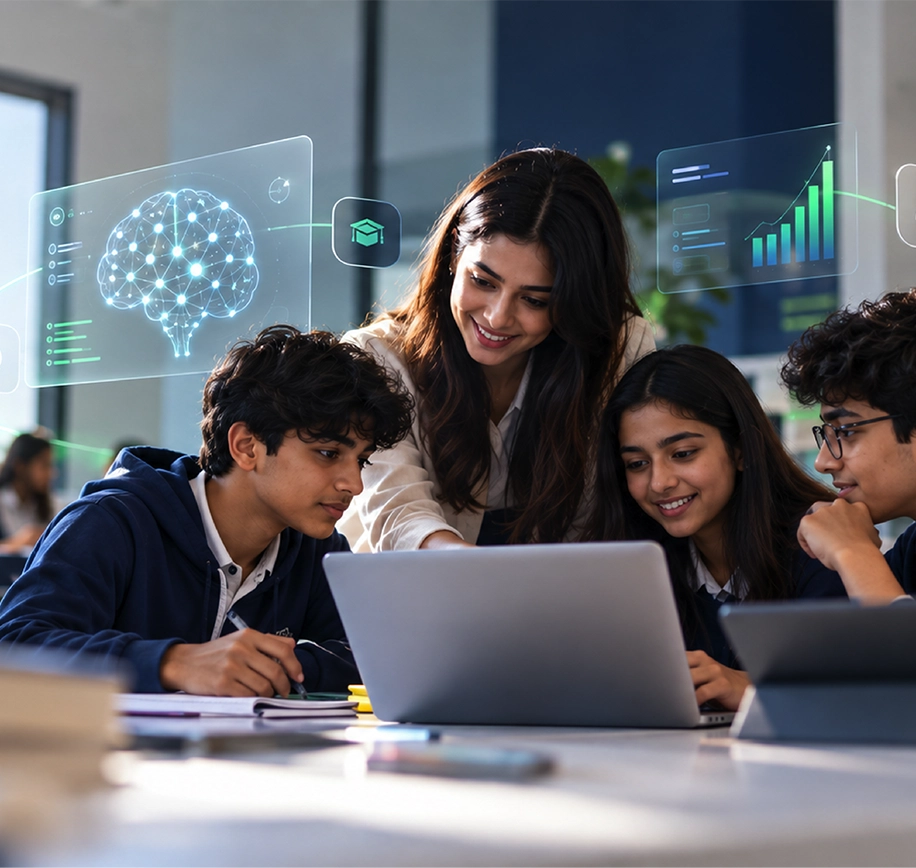 Teacher and students working together on a laptop in a modern digital classroom