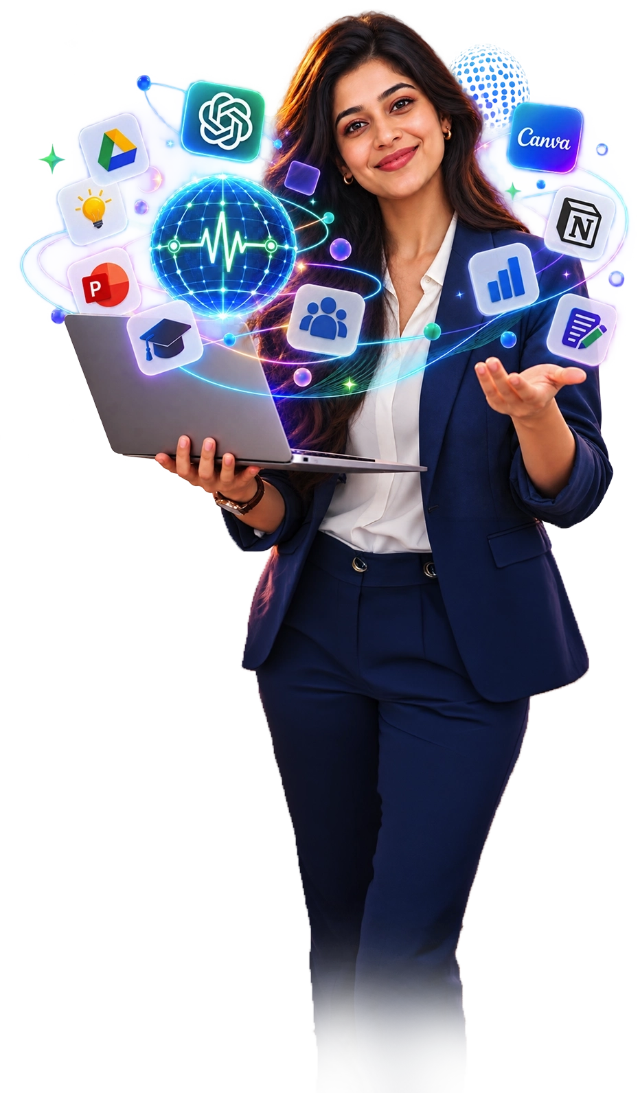 Educator using AI tools such as ChatGPT, Canva, Notion and PowerPoint with a laptop