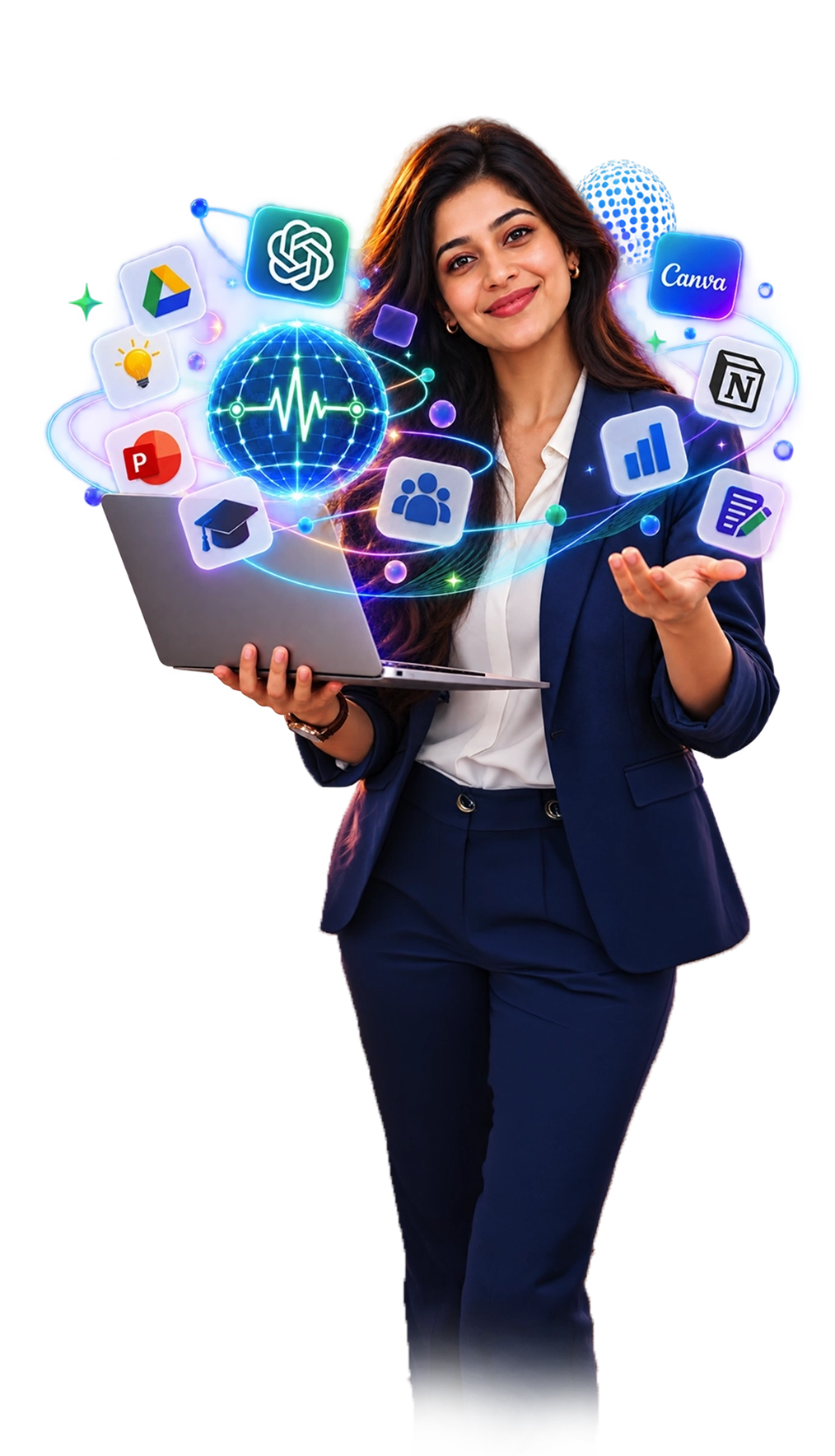 Professional woman with a laptop presenting AI and productivity tools