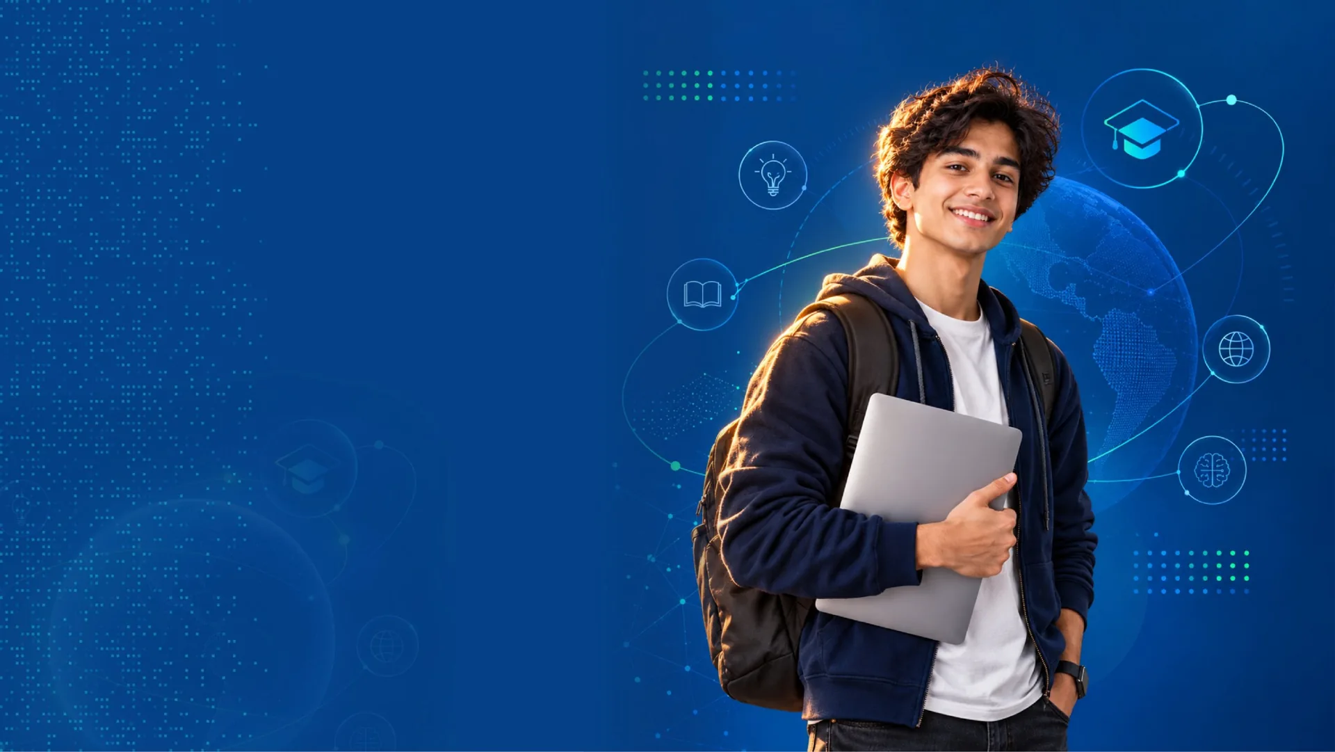 Smiling student holding a laptop in front of an AI-powered global learning network