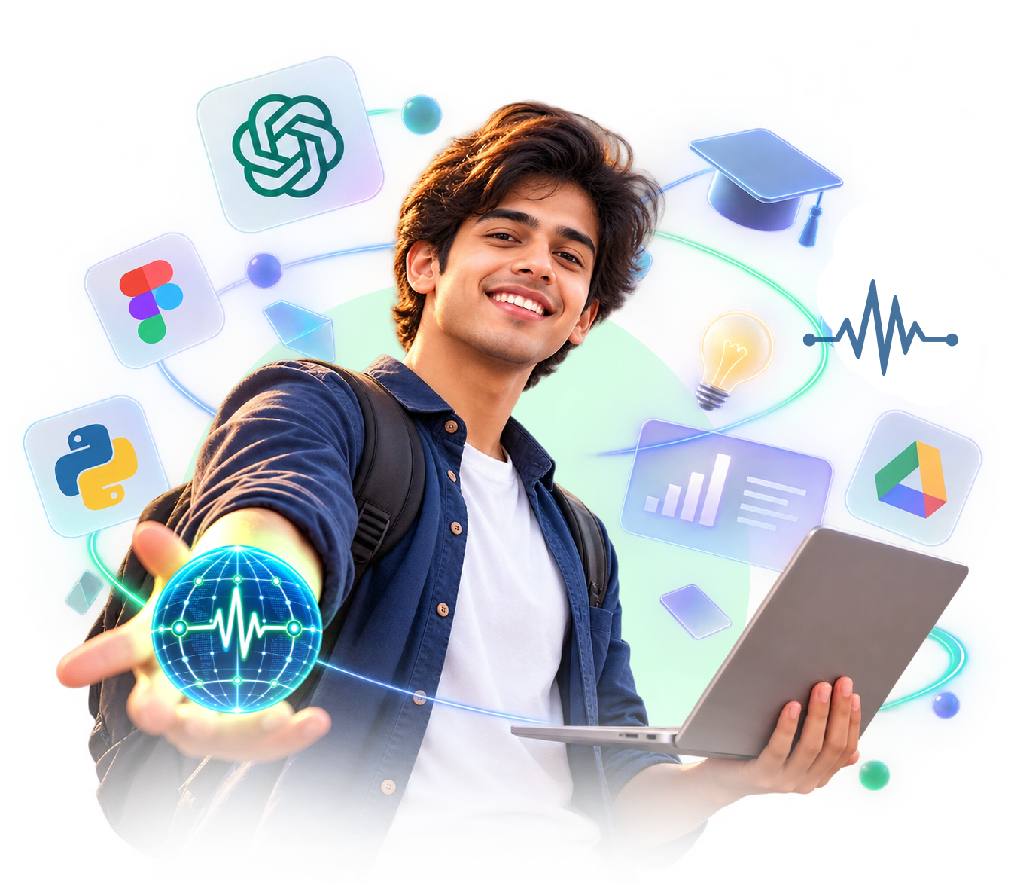 Student reaching out with a glowing Moris AI Schools globe, connected to learning tools