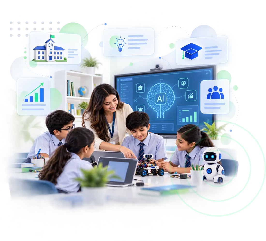 Teacher guiding school students through a robotics project in an AI-enabled classroom