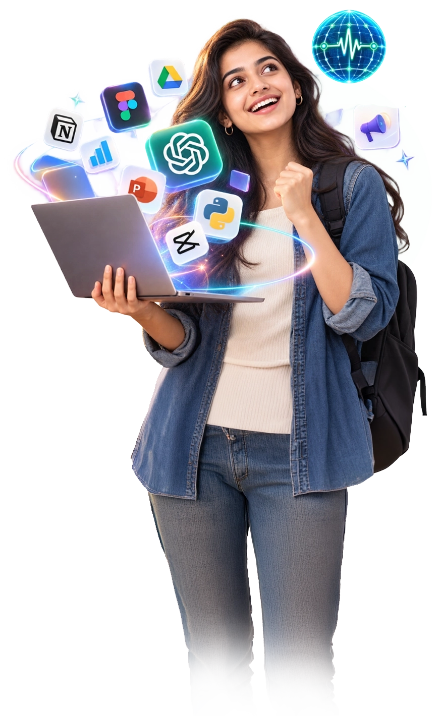 Excited student with a laptop surrounded by AI, design, coding and presentation tools